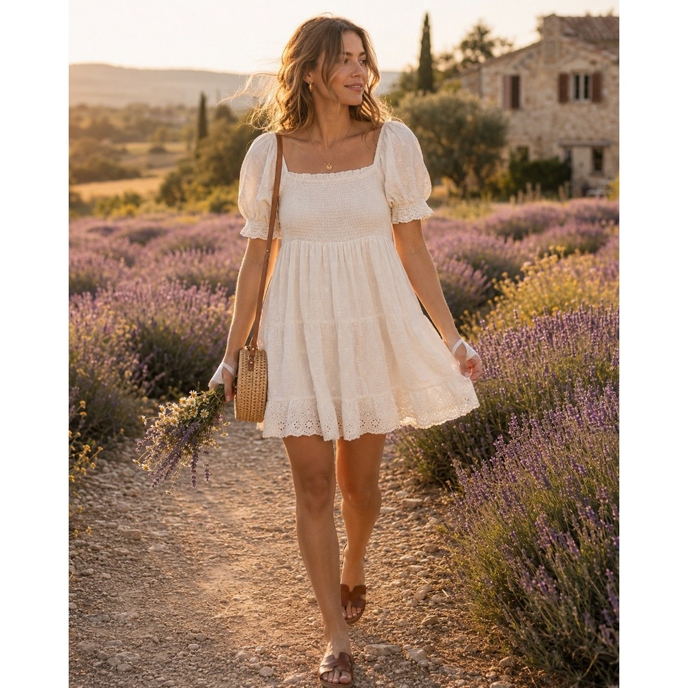 American Eagle White Smocked Eyelet Mini Dress Puff Sleeve Cotton Cream Medium